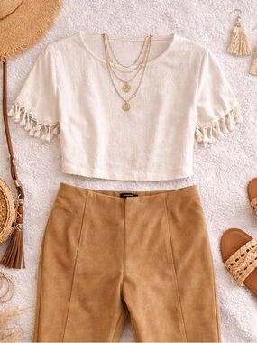 Lulus White Crop Top Tassel Sleeve Boho Festival Cottagecore Medium